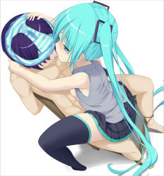 Rule 34 | 1boy, 1girl, aqua eyes, aqua hair, arms behind back, bare shoulders, bdsm, black skirt, black thighhighs, blue eyes, blue hair, bondage, bound, breasts, breasts out, chair, clothed female nude male, femdom, girl on top, grey shirt, hair ornament, hand on head, hatsune miku, hetero, jacket, licking, long hair, long twintails, nipples, no bra, nude, object on head, on chair, open clothes, open jacket, open shirt, panties, panties on head, papino, pleated skirt, pussy juice stain, restrained, sex, shirt, short hair, simple background, sitting, sitting on lap, sitting on person, skirt, small breasts, straddling, striped clothes, striped panties, thighhighs, tongue, tongue out, twintails, underwear, very long hair, vocaloid, white background
