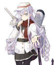 Rule 34 | 10s, 1girl, anchor, belt, black pantyhose, blue eyes, buttons, cowboy shot, flat cap, hair between eyes, hammer and sickle, hat, hibiki (kancolle), jacket, kantai collection, long hair, long sleeves, looking at viewer, machinery, mochiki, open hand, outstretched arm, pantyhose, plaid, plaid scarf, pleated skirt, scarf, silver hair, simple background, skirt, solo, star (symbol), turret, verniy (kancolle), white background