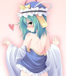 Rule 34 | 1girl, back, bare back, bare shoulders, blush, clothes down, female focus, green eyes, green hair, hat, heart, kinagi yuu, looking at viewer, looking back, matching hair/eyes, off shoulder, shiki eiki, short hair, smile, solo, touhou, undressing