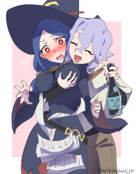 Rule 34 | 2girls, arikindows10, blue hair, blush, bottle, breasts, closed eyes, couple, croix meridies, drunk, grabbing, grabbing another&#039;s breast, groping, happy, hat, large breasts, little witch academia, long hair, medium hair, multiple girls, open mouth, paper, purple hair, red eyes, smile, squeans, surprised, twitter username, ursula callistis, witch, witch hat, yuri