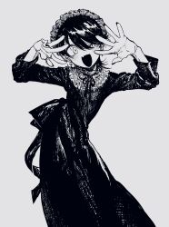 1boy bad_id bad_twitter_id cross dress earrings fang greyscale hands_up highres jewelry konoito_nui long_sleeves maid_headdress male_focus monochrome open_mouth original simple_background skin_fang solo