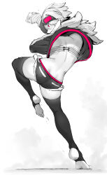 Rule 34 | 1girl, absurdres, ass, back, bandaged hand, bare shoulders, black jacket, black shorts, black thighhighs, blocking, clenched hand, curvy, detailed knuckles, exercise, feet, fighting stance, from side, goggles, goggles on head, greyscale, hair flowing over, heel-less legwear, highres, jacket, knees up, leg up, legs, light blush, long bangs, long sleeves, looking to the side, monochrome, motion blur, motion lines, muscular, muscular female, niwamaru (niwarhythm), niwarhythm, no shoes, original, pants, pink eyes, pink trim, pointy nose, shiny skin, short hair, short shorts, shorts, skinny, soles, solo, spot color, spread toes, standing, standing on one leg, stirrup legwear, strapless, thick thighs, thighhighs, thighs, tiptoes, toeless legwear, toes, toned, torn clothes, torn pants, tube top, white background, white hair