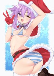 Rule 34 | 1girl, armpits, ass, blush, breasts, butt crack, christmas, d-pad, d-pad hair ornament, dura, from behind, gloves, hair ornament, hat, highres, looking at viewer, neptune (neptunia), neptune (series), one eye closed, open mouth, panties, purple eyes, purple hair, red gloves, santa hat, short hair, small breasts, smile, solo, striped clothes, striped panties, thighhighs, underwear, v, white thighhighs