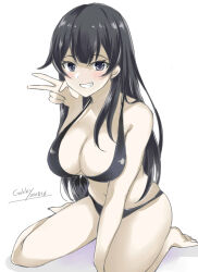 Rule 34 | 1girl, agano (kancolle), artist name, barefoot, bikini, black bikini, black eyes, black hair, breasts, cleavage, commentary request, full body, gakky, grin, highres, kantai collection, large breasts, long hair, one-hour drawing challenge, simple background, sitting, smile, solo, swimsuit, v, wariza, white background