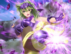 Rule 34 | 1girl, absurdres, armor, boots, breasts, clenched hands, destruction, electricity, energy, feet, female focus, fighting stance, fingernails, green eyes, green hair, highres, kicking, large breasts, leg up, legs, legs up, leotard, long fingernails, looking at viewer, matching hair/eyes, mountain, nail polish, open mouth, ophiuchus shaina, outdoors, saint seiya, serious, short hair, shoulder pads, sky, solo, thighs, tiara, yadokari genpachirou