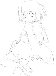 Rule 34 | 1girl, absurdres, greyscale, highres, lineart, looking at viewer, looking back, monochrome, naka (cheeseyeast), original, short hair, smile, solo, thighhighs
