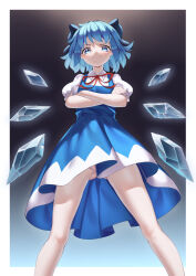 Rule 34 | 1girl, absurdres, ailu elf, blue bow, blue dress, blue eyes, blue hair, bow, chinese commentary, cirno, closed mouth, collared shirt, commentary request, convenient censoring, crossed arms, detached wings, dress, feet out of frame, gradient background, hair bow, highres, ice, ice wings, looking at viewer, no panties, pinafore dress, shirt, short hair, short sleeves, sleeveless, sleeveless dress, solo, touhou, white shirt, wings
