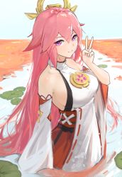 Rule 34 | 1girl, breasts, genshin impact, hair ornament, highres, japanese clothes, lily pad, long hair, lycsakd, medium breasts, miko, partially submerged, pink hair, purple eyes, sideboob, smile, solo, v, water, yae miko