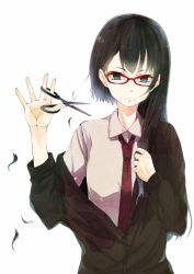 Rule 34 | 1girl, black hair, cardigan, cutting hair, dress shirt, glasses, hair in own mouth, long hair, mouth hold, necktie, off shoulder, original, rage (rojiura), red-framed eyewear, school uniform, scissors, shirt, simple background, solo, white background