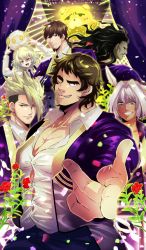 Rule 34 | 1girl, 5boys, achilles (fate), alternate costume, apollo (fate), bursting pectorals, caenis (fate), collared shirt, confetti, cowboy shot, facial hair, fate/grand order, fate (series), flower, goatee, green hair, hector (fate), heracles (fate), large pectorals, male focus, multiple boys, muscular, muscular male, one eye closed, orion (bear) (fate), paris (fate), pectoral cleavage, pectorals, pointing, pointing at viewer, rose, shimotsuki noboru, shirt, short hair, sideburns, super orion (fate), thick eyebrows, white day