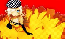 Rule 34 | 1girl, bare shoulders, black gloves, blonde hair, blue eyes, dress, elbow gloves, female focus, gloves, hair over one eye, hat, lipstick, long hair, looking at viewer, makeup, original, red background, simple background, solo, striped, wan (waname), watermark, web address, white dress, white hair, yellow dress