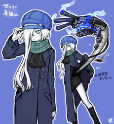 Rule 34 | 10s, 1girl, absurdres, abyssal ship, blue eyes, casual, collar, colored skin, dress, glowing, glowing eyes, hair over one eye, highres, kantai collection, kneehighs, long coat, long hair, looking at viewer, ne-class heavy cruiser, notchi, open clothes, scarf, short dress, socks, solo, tail, translation request, white hair, white skin