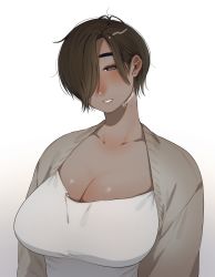 Rule 34 | 1girl, absurdres, ahoge, artist name, blush, breasts, brown hair, cardigan, character request, cleavage, collarbone, copyright request, eyebrows hidden by hair, grey cardigan, hair over one eye, half-closed eyes, head tilt, highres, large breasts, looking at viewer, medium hair, mole, mole on neck, muroku (aimichiyo0526), no nose, parted lips, shadow, shirt, simple background, solo, twitter username, upper body, white background, white shirt