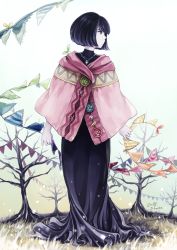 Rule 34 | 1girl, artist name, bare tree, black dress, black eyes, black hair, buttons, cape, dated, dress, flag, full body, grass, jewelry, looking to the side, necklace, original, outdoors, pink cape, shirono hato, short hair, sky, solo, standing, string of flags, tree, white background, white sky
