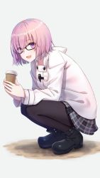 Rule 34 | 1girl, :d, black-framed eyewear, black footwear, black pantyhose, black skirt, boots, breasts, collarbone, commentary, cup, disposable cup, fate/grand order, fate (series), from side, full body, glasses, hair between eyes, hair over one eye, highres, holding, holding cup, hood, hood down, hooded jacket, hyuuga azuri, jacket, long sleeves, looking at viewer, looking to the side, mash kyrielight, mash kyrielight (fgo x lawson), miniskirt, official alternate costume, open mouth, pantyhose, pink hair, plaid, plaid skirt, pleated skirt, purple eyes, shadow, short hair, simple background, skirt, small breasts, smile, solo, squatting, white background, white jacket