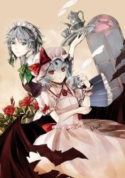Rule 34 | 2girls, bad id, bad pixiv id, bat wings, blue eyes, blue hair, bow, braid, brooch, cup, female focus, flower, hair bow, hat, hat ribbon, hino mamori, izayoi sakuya, jewelry, looking at viewer, maid, maid headdress, multiple girls, puffy sleeves, red eyes, red flower, red rose, remilia scarlet, ribbon, rose, short hair, short sleeves, silver hair, tea set, teacup, touhou, tray, twin braids, wings, wrist cuffs