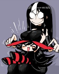 Rule 34 | &gt; &lt;, 2girls, :d, bare shoulders, black dress, black hair, breasts, dress, fang, highres, large breasts, long hair, looking at another, multiple girls, nosferatu, noss (rariatto), open mouth, pantyhose, rariatto (ganguri), red legwear, sitting, sitting on lap, sitting on person, size difference, smile, striped clothes, striped legwear, striped pantyhose, vampire, xd, zakuro (rariatto)