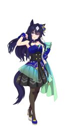 Rule 34 | 1girl, animal ears, asymmetrical clothes, bad link, black footwear, blue hair, blush, breasts, cleavage, dark blue hair, dress, earrings, full body, game model, hair between eyes, hair ornament, high heels, highres, horse ears, horse girl, horse tail, jewelry, long hair, looking at viewer, medium breasts, official art, open mouth, pantyhose, purple eyes, purple hair, shoes, single earring, skirt, smile, solo, standing, tachi-e, tail, transparent background, umamusume, uniform, verxina (umamusume)