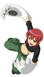 Rule 34 | 1girl, abs, animal hands, cargo pants, claws, female focus, full body, goriate, highres, kaibutsu oujo, midriff, open mouth, pants, red hair, riza wildman, short hair, simple background, solo, white background, yellow eyes