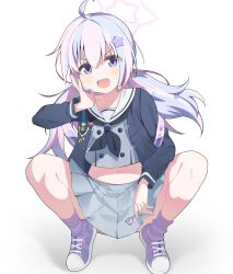Rule 34 | 1girl, absurdres, ahoge, black jacket, black sailor collar, blue archive, blue hair, commentary, full body, grey serafuku, halo, hat ornament, highres, jacket, long hair, long sleeves, multicolored hair, n3moni, open mouth, pink hair, purple eyes, purple footwear, reisa (blue archive), sailor collar, school uniform, serafuku, simple background, skirt, socks, solo, squatting, star (symbol), star hat ornament, striped clothes, striped socks, two-tone hair, white background