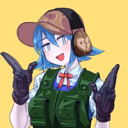 Rule 34 | 1girl, absurdres, baseball cap, black gloves, blue dress, blue eyes, blush, bow, bowtie, brown hat, bulletproof vest, cirno, cirno (cookie), collared shirt, commentary request, cookie (touhou), dress, gloves, hair between eyes, hat, headset, highres, looking at viewer, open mouth, pinafore dress, psychic parrot, red bow, red bowtie, shirt, short hair, simple background, sleeveless, sleeveless dress, smile, solo, tactical clothes, touhou, upper body, white shirt, yellow background
