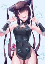 Rule 34 | 1girl, bare shoulders, black dress, blush, breasts, china dress, chinese clothes, cleavage, closed eyes, covered navel, detached sleeves, dress, fate/grand order, fate (series), hair ornament, highres, large breasts, long hair, open mouth, pointing, pointing at self, purple hair, side slit, sidelocks, signdasuyo, smile, sparkle, thighs, twintails, very long hair, yang guifei (fate), yang guifei (second ascension) (fate)