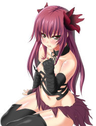 Rule 34 | 1girl, bad id, bad pixiv id, bare shoulders, black thighhighs, blush, choker, collarbone, cybele (lord of vermilion), fingerless gloves, flat chest, flower, gloves, hair flower, hair ornament, highres, long hair, looking at viewer, lord of vermilion, navel, nipples, odaodaoaoda, pout, red eyes, red hair, sitting, solo, thighhighs, white background