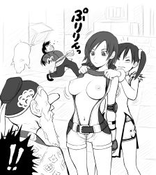 Rule 34 | !, &gt; &lt;, 2boys, 2girls, age difference, assisted exposure, breasts, clothes lift, dragon ball, closed eyes, greyscale, hawk (cwmg), highres, jumpsuit, kazama asuka, large breasts, lei wulong, ling xiaoyu, monochrome, multiple boys, multiple girls, navel, nipples, old, old man, parody, pig, ponytail, shirt lift, tekken, twintails, wang jinrei