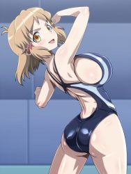 Rule 34 | 1girl, alternate breast size, arched back, ass, back, bare shoulders, blue one-piece swimsuit, blush, breasts, brown eyes, brown hair, competition swimsuit, cowboy shot, hair ornament, hairclip, highres, large breasts, looking back, lydian academy swimsuit, monteriakitto, one-piece swimsuit, open mouth, senki zesshou symphogear, shiny clothes, shiny skin, short hair, sideboob, solo, stretching, swimsuit, tachibana hibiki (symphogear), third-party edit