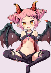 Rule 34 | 1girl, :3, :d, bare shoulders, black footwear, black shorts, black thighhighs, blush, boots, breasts, brown background, brown eyes, brown wings, collarbone, demon girl, demon horns, demon wings, fangs, forehead, head tilt, horns, madria (maplestory 2), maplestory, maplestory 2, navel, nekono rin, open mouth, pink hair, pointy ears, short shorts, shorts, simple background, sitting, small breasts, smile, solo, thigh boots, thighhighs, wings