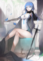 Rule 34 | 1girl, blue eyes, blue hair, breasts, bug, butterfly, butterfly on hand, cape, cleavage, commentary request, crossed legs, detached sleeves, earrings, fur trim, head rest, highres, insect, jewelry, long hair, looking at viewer, matching hair/eyes, nero (nilu), original, pixiv fantasia, pixiv fantasia t, rei no himo, ribbon, sitting, solo, sword, throne, very long hair, weapon