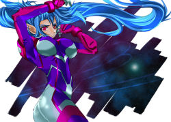 Rule 34 | 00s, 1girl, blue hair, bodysuit, breasts, covered erect nipples, gloves, kisou nowora, klan klein, large breasts, long hair, macross, macross frontier, pilot suit, pointy ears, purple bodysuit, red eyes, shiny clothes, skin tight, solo, tan, very long hair