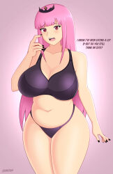 1girl absurdres artist_name black_bra black_nails black_panties black_tiara blunt_bangs blush bra breasts cleavage english_text female_focus highres hololive hololive_english lackatask large_breasts long_hair looking_at_viewer mori_calliope nail_polish navel open_mouth panties pink_eyes pink_hair plump solo tiara underwear virtual_youtuber