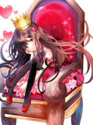 Rule 34 | 1girl, absurdres, arm support, armchair, bad id, bad pixiv id, bare shoulders, black thighhighs, blue bow, blush, bow, brown eyes, brown hair, chair, chromatic aberration, closed mouth, crown, dress, fingernails, fuyusuke (hz+), hair ornament, hairclip, hand up, head tilt, heart, heart hair ornament, highres, long hair, original, red dress, red footwear, shoes, simple background, sitting, sleeveless, sleeveless dress, solo, sparkle, thighhighs, tongue, tongue out, very long hair, white background