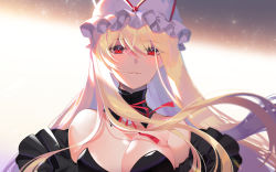 Rule 34 | 1girl, bare shoulders, blonde hair, breasts, choker, cleavage, commentary request, detached collar, hair between eyes, hat, hat ribbon, large breasts, long hair, looking at viewer, mob cap, parted lips, red choker, red eyes, red ribbon, ribbon, ribbon choker, roh nam kyung, solo, touhou, upper body, white hat, yakumo yukari