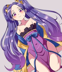 Rule 34 | 1girl, bare shoulders, blush, breasts, collarbone, commentary request, covered navel, dutch angle, fate/grand order, fate (series), grey background, hair ornament, hair scrunchie, japanese clothes, kneeling, kounamuya, long hair, looking at viewer, medium breasts, pelvic curtain, purple eyes, purple hair, scrunchie, simple background, solo, sweatdrop, twintails, very long hair, wu zetian (fate), wu zetian (first ascension) (fate)