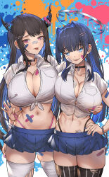 Rule 34 | 2girls, absurdres, alternate costume, asymmetrical horns, bandages, bandaid, bandaid on breast, bandaid on face, bandaid on hand, bandaid on leg, bandaid on stomach, black choker, black hair, black panties, black thighhighs, blue eyes, blue hair, blue nails, blue skirt, breasts, choker, cleavage, closed mouth, collared shirt, color connection, colored inner hair, commentary, crop top, demon horns, ear piercing, english commentary, fangs, gyaru, hair color connection, hair ornament, hairpin, highleg, highleg panties, highres, hololive, hololive english, honkivampy, horns, large breasts, long hair, looking at viewer, miniskirt, mole, mole under eye, multicolored background, multicolored hair, multiple girls, nail polish, navel, nerissa ravencroft, official alternate hairstyle, open mouth, ouro kronii, panties, piercing, pink eyes, pink nails, pink panties, red eyes, safety pin, shirt, short hair, skirt, thighhighs, tongue, tongue out, tongue piercing, torn clothes, torn thighhighs, two-tone hair, underwear, virtual youtuber, white shirt, white thighhighs, zettai ryouiki
