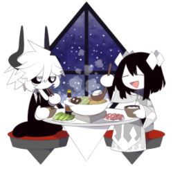 Rule 34 | 1boy, 1girl, androgynous, black hair, black necktie, black sclera, cabbage, cape, chopsticks, closed eyes, colored sclera, cooking, cooking pot, demon boy, diamond (shape), etihw (funamusea), food, formal, funamusea, funamusea (artist), grey cape, haiiro teien, hair ornament, holding, holding chopsticks, holding ladle, horns, hotpot, kcalb (funamusea), ladle, long sleeves, looking at another, meat, necktie, pale skin, short hair, smile, soy sauce, stew, stove, suit, tofu, vegetable, white hair, window