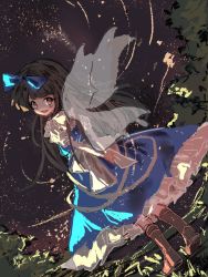 Rule 34 | 1girl, :d, arms behind back, black hair, blue bow, blue dress, bow, brown eyes, brown footwear, dress, fairy wings, full body, hair bow, highres, long hair, looking back, night, night sky, open mouth, outdoors, own hands together, sky, smile, solo, star sapphire, sutaku77224, touhou, transparent wings, tree, wings