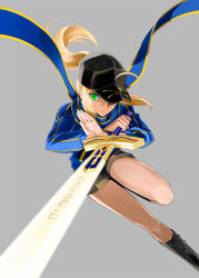 Rule 34 | 1girl, ahoge, artoria pendragon (all), artoria pendragon (fate), blonde hair, boots, excalibur (fate/stay night), fate/grand order, fate (series), green eyes, hat, mysterious heroine x (fate), ponytail, rojiura satsuki : chapter heroine sanctuary, saber (fate), scarf, shirotsumekusa, shorts, solo, sword, weapon