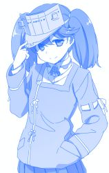 Rule 34 | 10s, 1girl, adjusting clothes, adjusting headwear, blue theme, hand in pocket, hat, himura kiseki, kantai collection, looking at viewer, monochrome, ryuujou (kancolle), skirt, smile, solo, twintails, visor cap