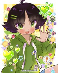 Rule 34 | !, 1girl, ahoge, artist name, avocado, bird, black hair, blue shorts, blush, buttercup (ppg), cherry, commentary, english commentary, eyelashes, food, forehead, fruit, green eyes, green sleeves, hair ornament, hairclip, harajukushrimp, heart, highres, hood, hoodie, long sleeves, multicolored hair, open mouth, parted bangs, paw print, powerpuff girls, purple hair, shorts, solo, speech bubble, squid, star (symbol), sticker, strawberry, teeth, two-tone hair, upper teeth only, v-shaped eyebrows