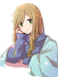 Rule 34 | 1girl, atu, blanket, blush, brown hair, fang, green eyes, head on hand, head rest, highres, hood, hoodie, inuyama aoi, light particles, long hair, looking at viewer, parted bangs, sidelocks, signature, skin fang, smile, solo, thick eyebrows, twitter username, white background, yurucamp