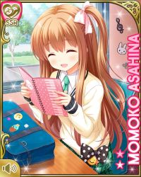 Rule 34 | 1girl, asahina momoko, badge, bag, black thighhighs, bow, brown hair, button badge, card (medium), character name, day, closed eyes, girlfriend (kari), hair bow, hair ribbon, indoors, necktie, official art, one side up, open mouth, plaid, plaid skirt, polka dot, polka dot bow, qp:flapper, red eyes, ribbon, school uniform, side ponytail, sitting, skirt, smile, solo, sticker, sweater, thighhighs