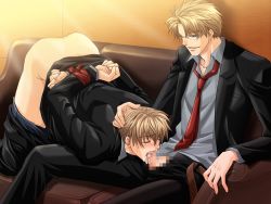 Rule 34 | 2boys, arms behind back, ass, bent over, blonde hair, blush, censored, couch, cum, closed eyes, fellatio, formal, glasses, kichiku megane, male focus, multiple boys, oral, restrained, saeki katsuya, selfcest, suit, top-down bottom-up, yaoi