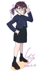 Rule 34 | 1girl, ahoge, alternate costume, black hair, black skirt, black socks, blazer, blue-framed eyewear, blue jacket, brown footwear, brown hair, commentary request, dated, full body, glasses, green eyes, highres, jacket, kantai collection, ld (luna dial398), loafers, multicolored hair, okinami (kancolle), one side up, pink hair, pleated skirt, salute, school uniform, shoes, short hair, simple background, skirt, smile, socks, solo, split mouth, translation request, white background