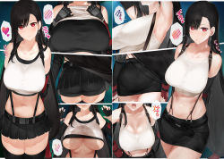 Rule 34 | 1girl, akitaka akita, armpits, arms behind back, arms up, ass, bare shoulders, belt, bike shorts, black hair, black skirt, blush, breasts, cleavage, close-up, clothes lift, earrings, elbow gloves, final fantasy, final fantasy vii, final fantasy vii remake, fingerless gloves, gloves, half-closed eyes, hands on own chest, heart, highres, holding another&#039;s wrist, jewelry, large breasts, long hair, looking at viewer, low-tied long hair, midriff, navel, open mouth, pantylines, parted lips, pencil skirt, red eyes, shadow, shirt lift, shorts, shorts under skirt, skirt, smile, solo, steam, suspender skirt, suspenders, tank top, thought bubble, tifa lockhart, underboob, undershirt