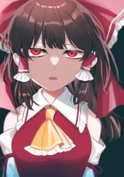 Rule 34 | 1girl, ascot, bare shoulders, bow, breasts, brown hair, detached sleeves, frilled shirt collar, frills, hair bow, hair tubes, hakurei reimu, half-closed eyes, highres, long hair, looking at viewer, one-hour drawing challenge, open mouth, red bow, red eyes, sidelocks, solo, toraneko 2, touhou