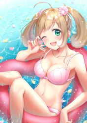 Rule 34 | 1girl, ;d, ahoge, anoa, arm up, armpits, bare arms, bare shoulders, bikini, breasts, brown hair, cleavage, collarbone, day, gem, green eyes, hair ornament, head tilt, heart, highres, idolmaster, idolmaster cinderella girls, innertube, large breasts, looking at viewer, nail polish, navel, one eye closed, open mouth, parted bangs, pearl (gemstone), petals, petals on liquid, pink bikini, pink nails, reclining, sato shin, shell, short hair, sidelocks, smile, solo, stomach, swim ring, swimsuit, tareme, teeth, twintails, upper teeth only, water, wet