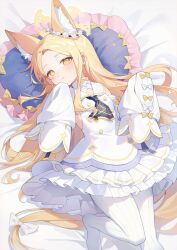 Rule 34 | 1girl, animal ear fluff, animal ears, bare shoulders, bed sheet, blonde hair, blue archive, closed mouth, detached sleeves, dress, fox ears, fox tail, halo, highres, long hair, looking at viewer, pantyhose, seia (blue archive), sleeves past fingers, sleeves past wrists, solo, striped clothes, striped pantyhose, tail, vertical-striped clothes, vertical-striped pantyhose, very long hair, white dress, white pantyhose, wide sleeves, yellow eyes, yellow halo, yunweishukuang